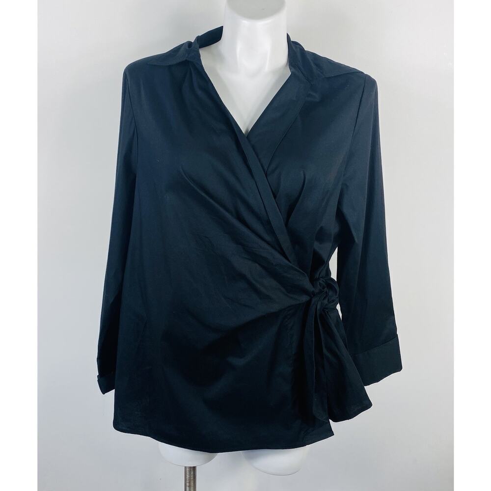 Lane Bryant Size 26 Tie Waist Long Sleeve Poplin Wrap Top Black Cotton Blend